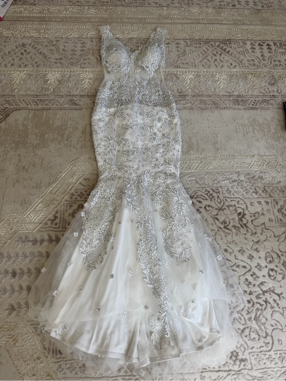 Ivory Embellished Mermaid Dress with Silver Appliqué